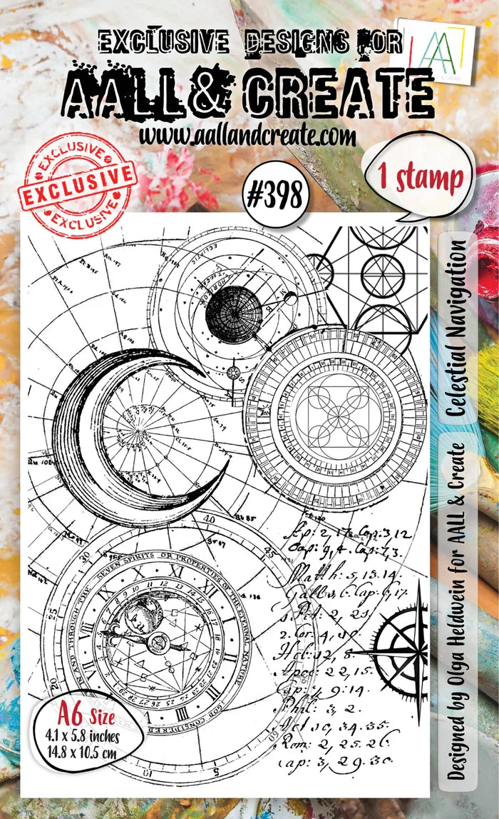 AALL and Create Stamp Set - 398 - Celestial Navigation. Size: 10cmx15cm | 3.9"x5.9". Available at Embellish Away located in Bowmanville Ontario Canada.