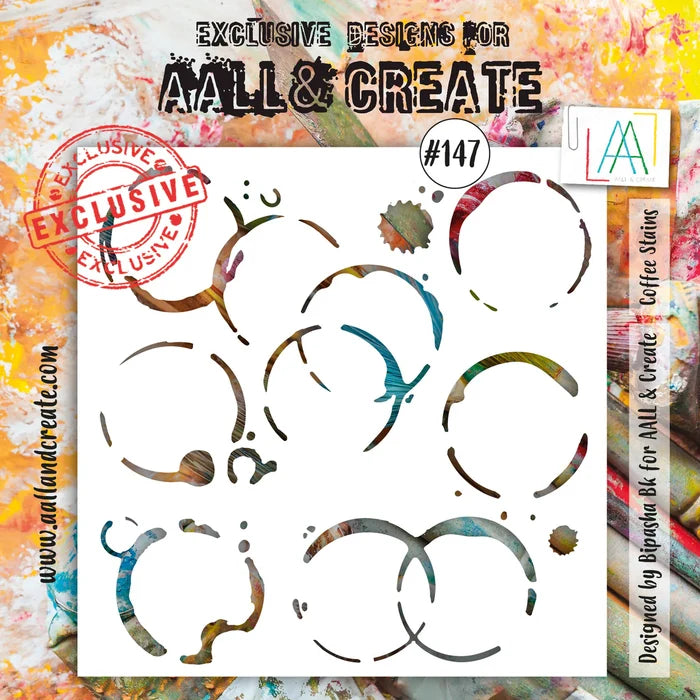 AALL & Create - Stencil - 147 - Coffee Stains. Size: 15.4x15.4 | 6"x6". Available at Embellish Away located in Bowmanville Ontario Canada.