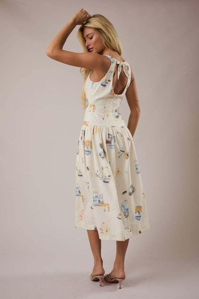 BOAT NECK SLEEVELESS DROP WAIST MIDI DRESS: CREAM-MULTI