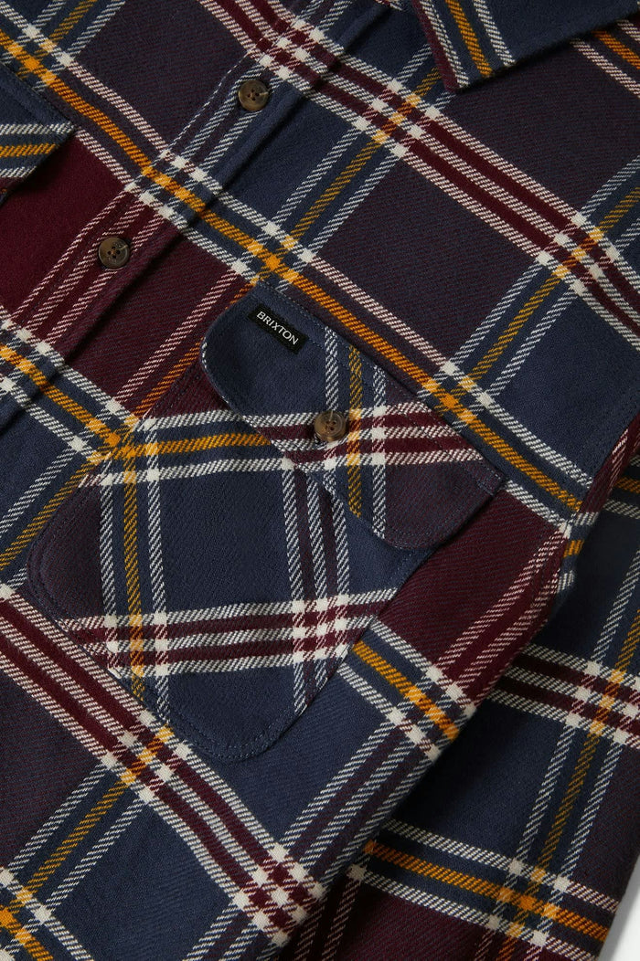 Men's Bowery L/S Flannel in the color Mood Indigo/Port/Saffron - Additional Laydown image