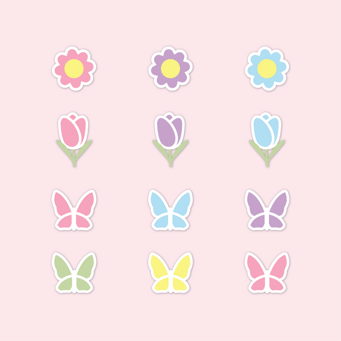 Easter Flowers & Butterflies showing colorful floral and butterfly nail art stickers in pastel shades on pink background