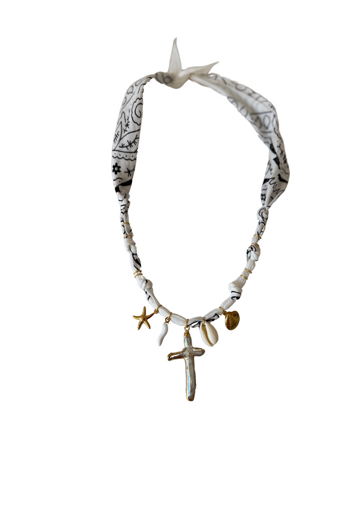 Golden Fluo White Pearl Cross Necklace