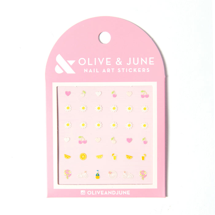 Loveliest Day nail art stickers featuring daisies, cherries, hearts, citrus, and sunny designs for at home mani polish application