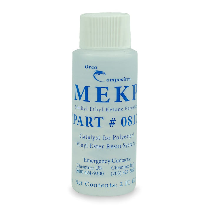 Two ounce bottle of clear MEKP catalyst for polyester and vinyl ester resin systems.