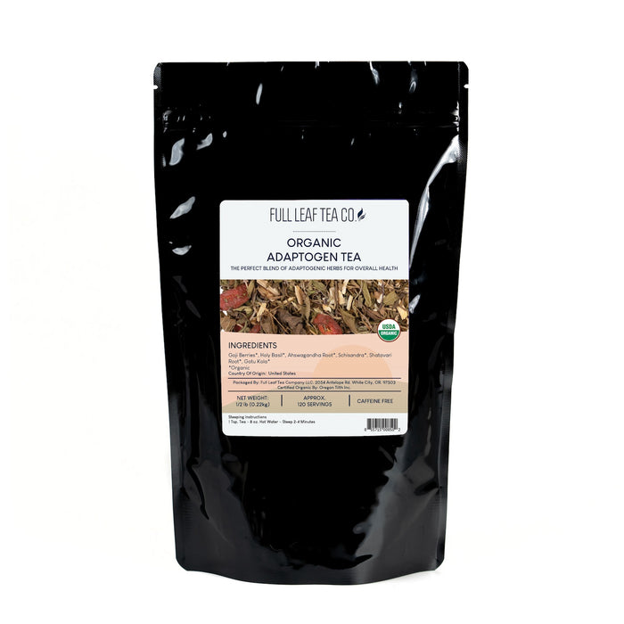 A 1/2 pound bag of Full Leaf Tea Company Organic Adaptogen Loose Leaf Tea.