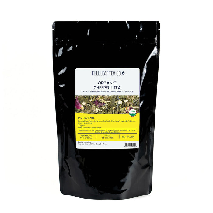A 1/2 pound bag of Full Leaf Tea Company Organic Cheerful Loose Leaf Tea.