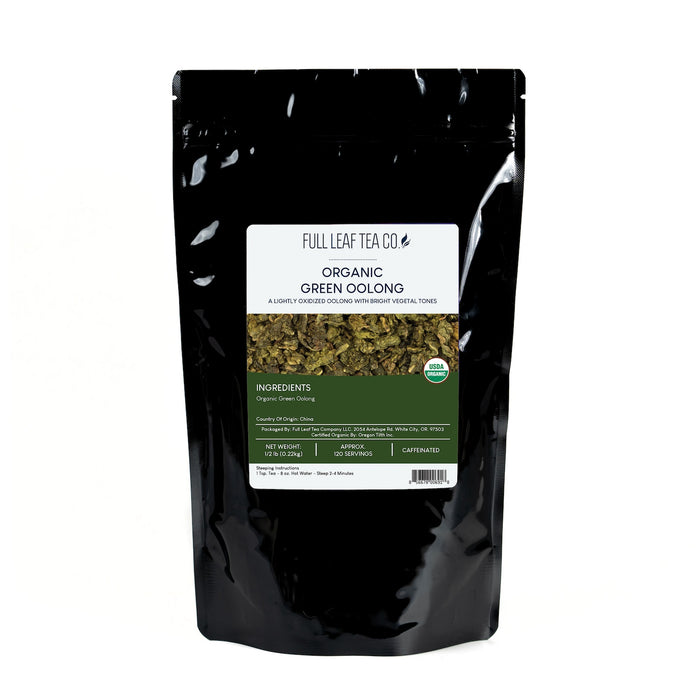 A 1/2 pound bag of Full Leaf Tea Company Organic Green Oolong Loose Leaf Tea.