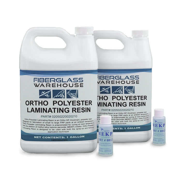 2 plastic bottles of Fiberglass Warehouse ortho polyester lamnating resin with two small bottles of MEKP catalyst.