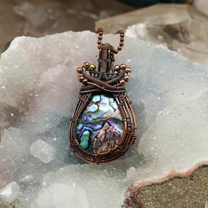 Paua Shell Wire Wrap Crystal Pendant - Emotional Calm