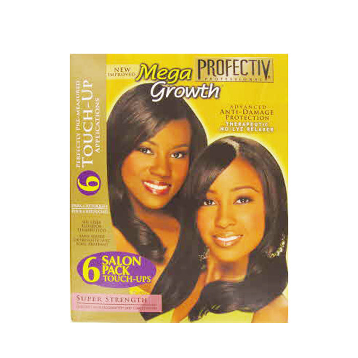 Boxed Profectiv Mega Growth no-lye relaxer packaging showing two women with smooth shiny straight hair and salon pack label