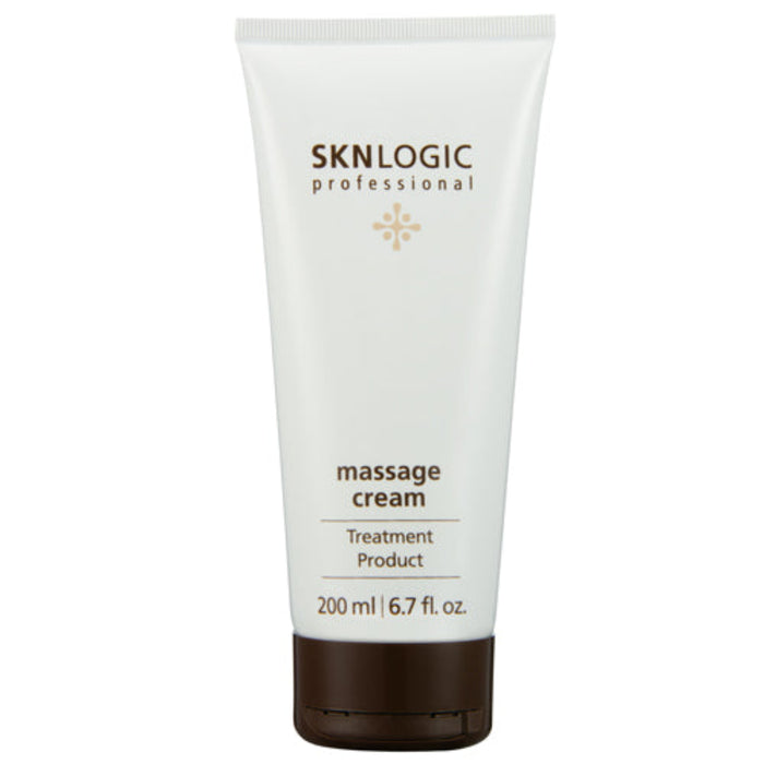 SKN025 SKNLOGIC Facial Massage Cream 200ml |A white squeeze tube of SKNLOGIC Professional massage cream with a dark brown cap, shown against a plain white background.