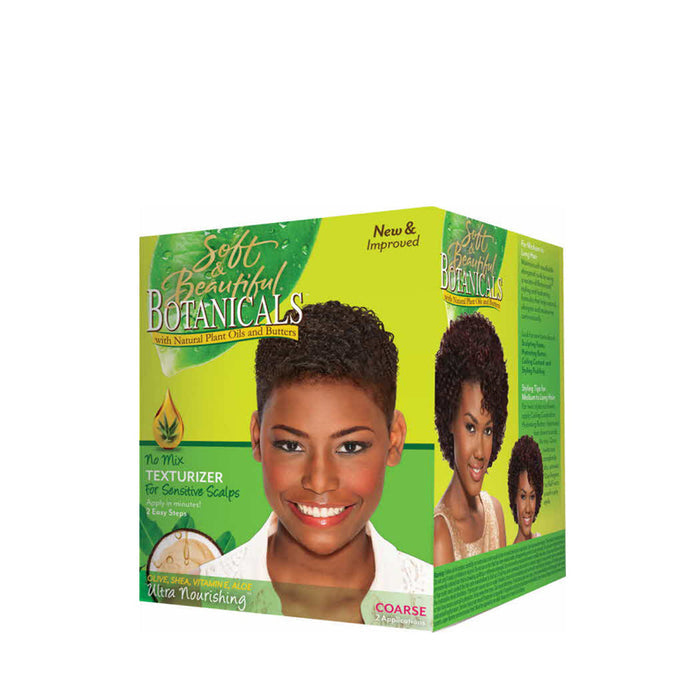 Soft and Beautiful Botanicals sensitive scalp relaxer kit box with smiling model and green packaging