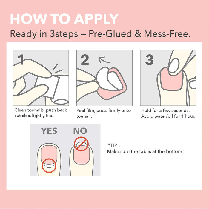 Ebin makeup instructions showing step by step application for red 3D press on toenails pre glued and mess free