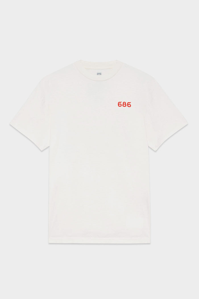 The 686 Mens Man in the Sun Short Sleeve Tee by 686 is a plain white t-shirt with small red 686 text on the upper left chest.