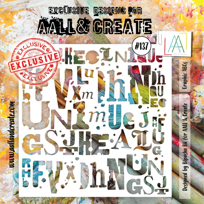 AALL & Create - Stencil - 137 - Graphic ABCs. Size: 15.4x15.4 | 6"x6". Available at Embellish Away located in Bowmanville Ontario Canada.