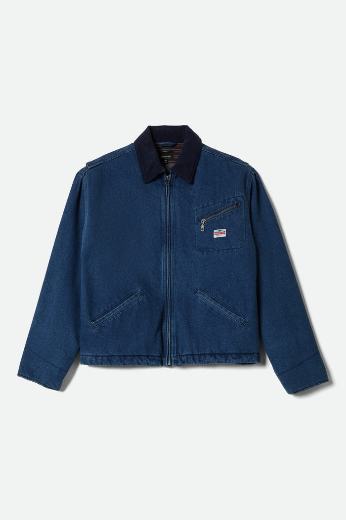Men's Altered Threads Lined Garage Jacket in the color Medium Wash Denim - Front Product View