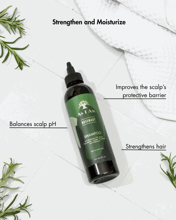 As I Am Rosemary Shampoo bottle with natural rosemary and peppermint oils, moisturizing and strengthening hair and scalp