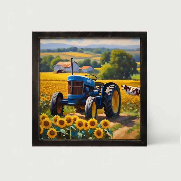 Blue tractor with cow - Framed art