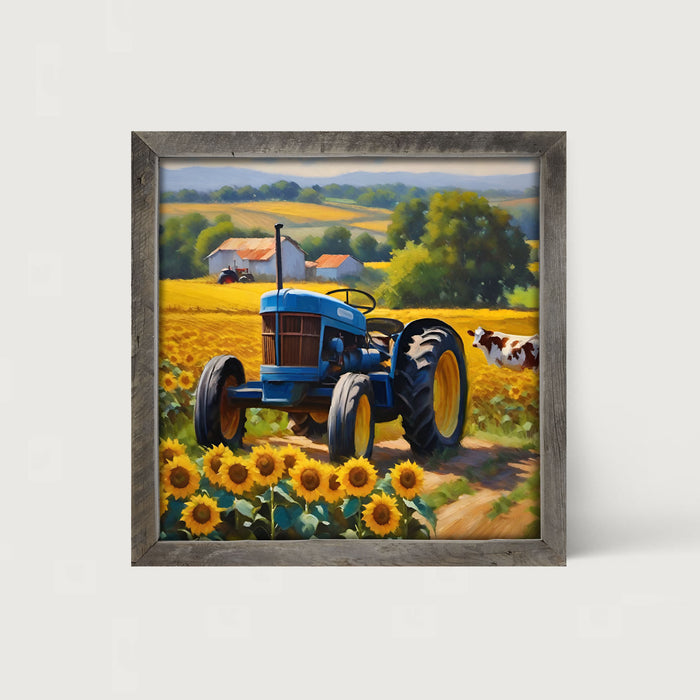 Blue tractor with cow - Framed art