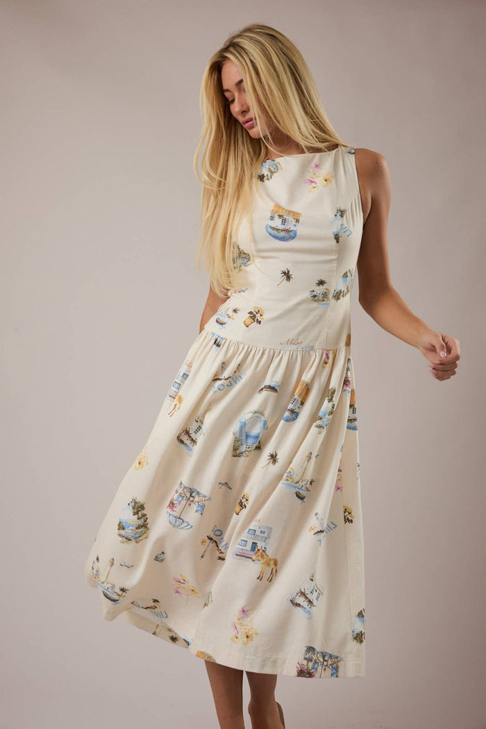 BOAT NECK SLEEVELESS DROP WAIST MIDI DRESS: CREAM-MULTI