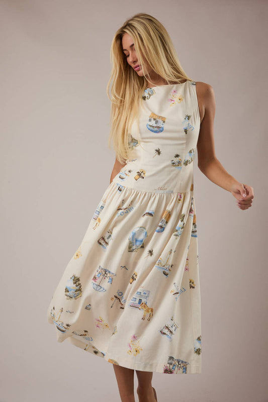 BOAT NECK SLEEVELESS DROP WAIST MIDI DRESS: CREAM-MULTI