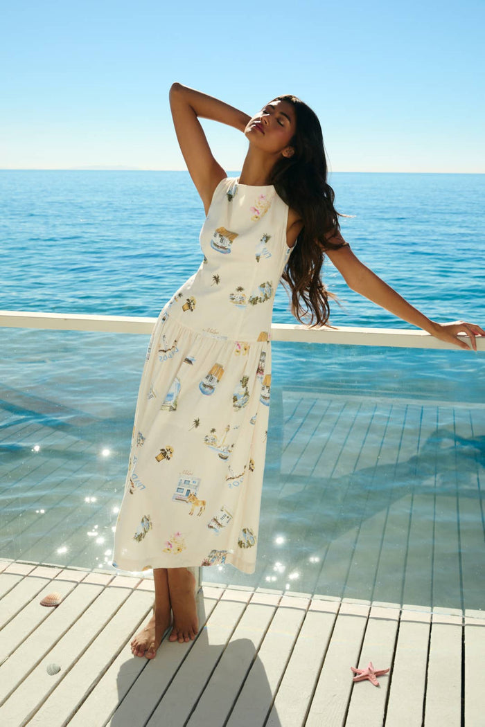 BOAT NECK SLEEVELESS DROP WAIST MIDI DRESS: CREAM-MULTI
