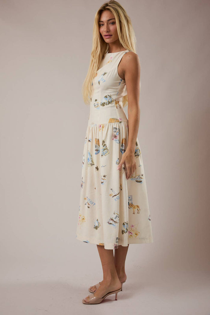 BOAT NECK SLEEVELESS DROP WAIST MIDI DRESS: CREAM-MULTI