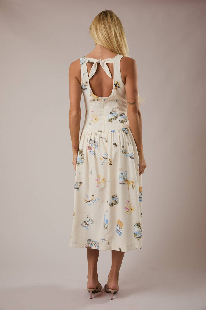 BOAT NECK SLEEVELESS DROP WAIST MIDI DRESS: CREAM-MULTI