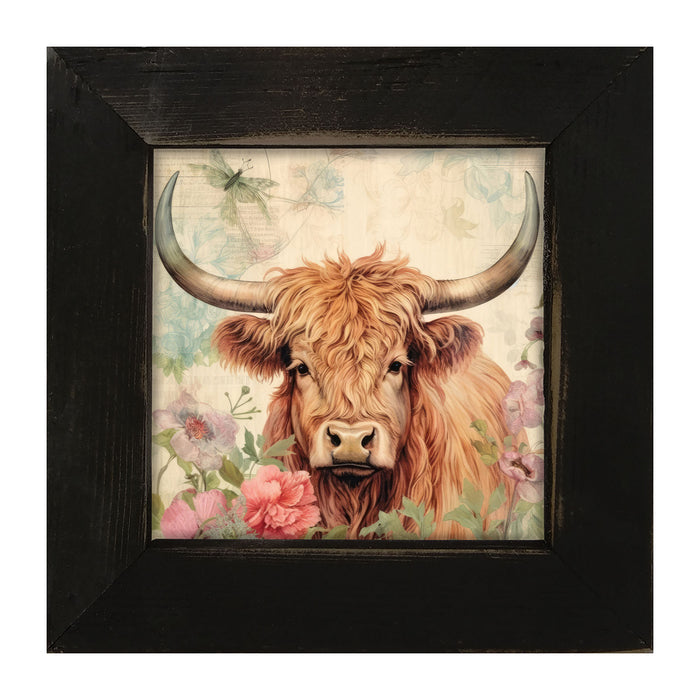 Brown Highland cow with flowers - Framed art