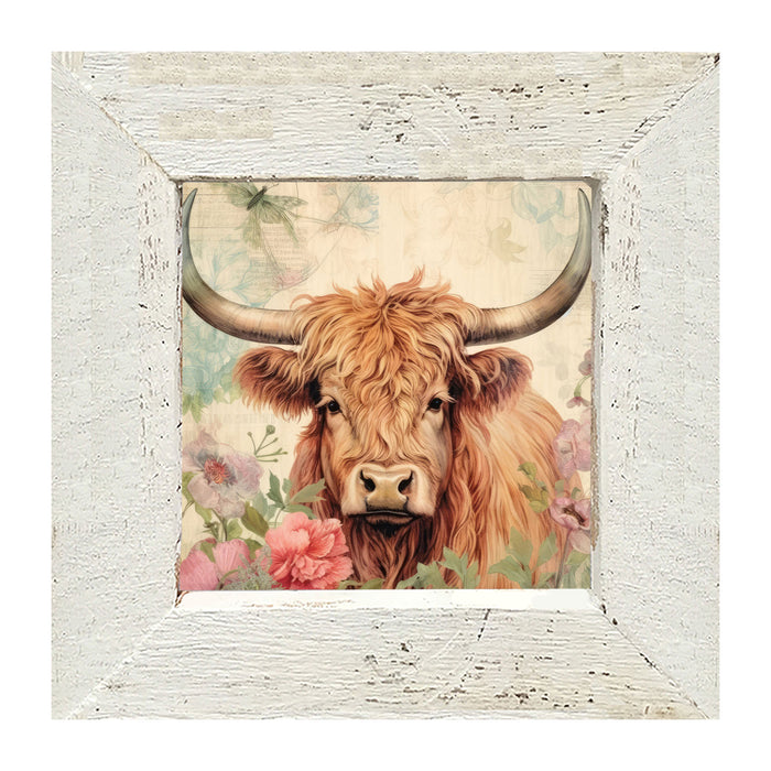Brown Highland cow with flowers - Framed art
