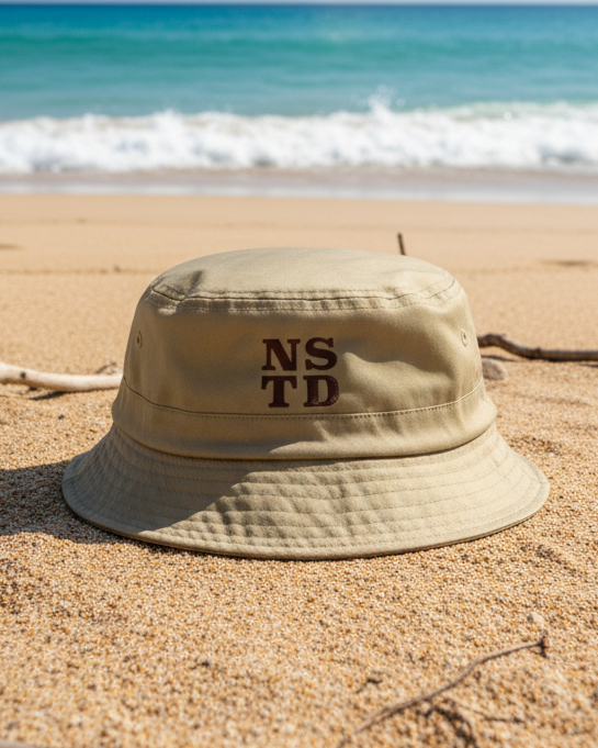 Ai render Beige bucket hat with 'NS TD' on a sandy beach with ocean waves in the background