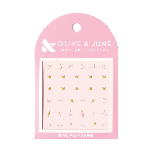 Celebration nail art stickers featuring cake, party hats, bubbles, and festive icons for fun at home manicures
