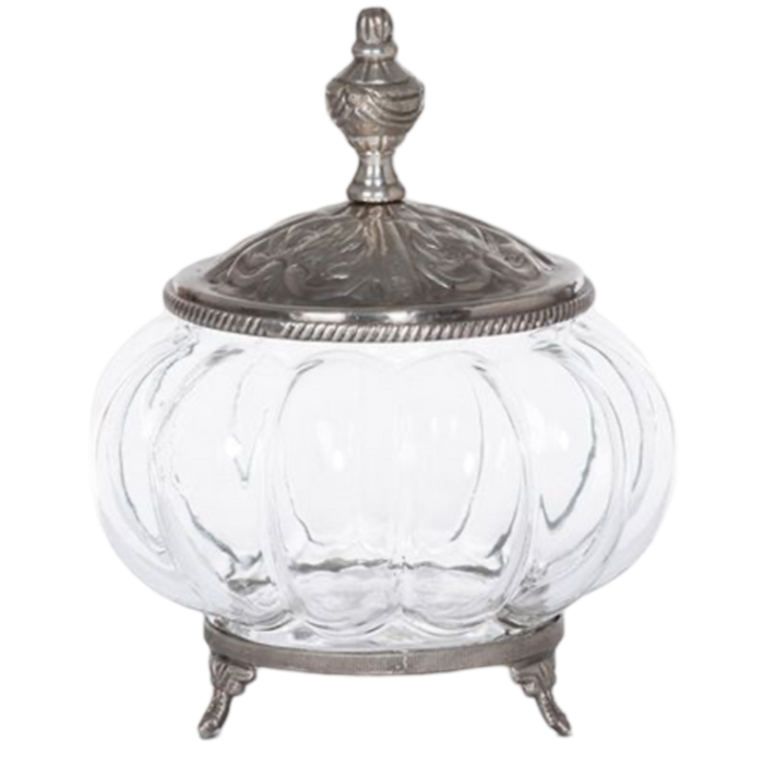 Filigree Glass Vanity Jar, antique silver vanity jar, elegant vanity jar, glass storage jar, decorative storage jar, feminine vanity display, countertop storage, brass and glass vanity jar, luxury bathroom decor, silver plated vanity jar.