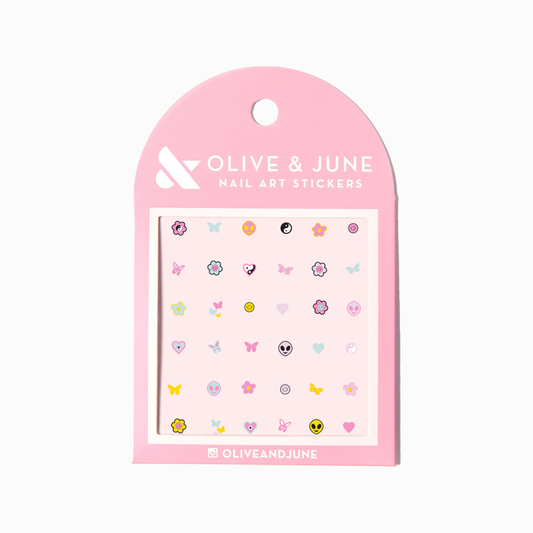 Frasier Sterling Pack with colorful floral, butterfly, and alien nail art stickers for playful at home manicure designs