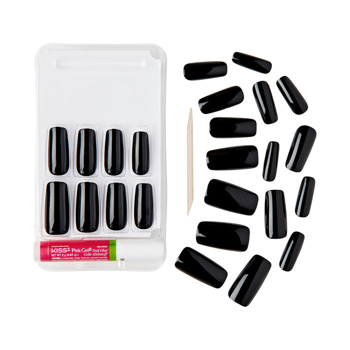IVY BEAUTY by KISS glossy black press on nail set with glue and applicator Gold Finger solid color fake nails