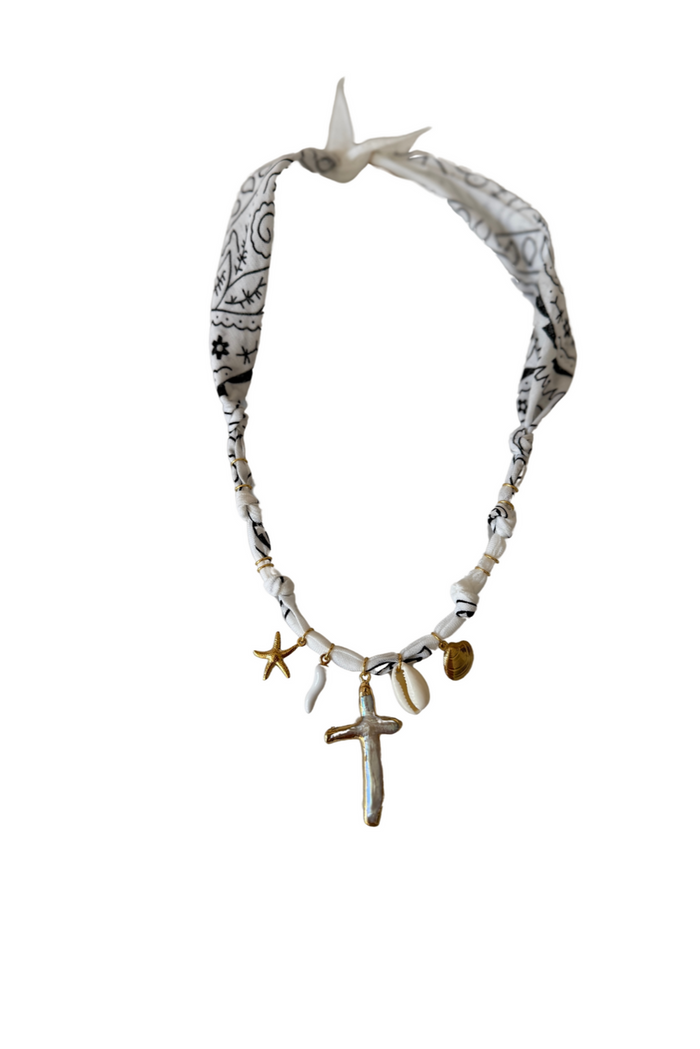 Golden Fluo White Pearl Cross Necklace