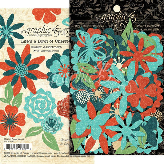 Graphic 45-  Flower Assortment - Life's A Bowl Of Cherries. The perfect addition to all your paper crafting projects! Includes 78 die-cut assorted pieces. Available at Embellish Away located in Bowmanville Ontario Canada.