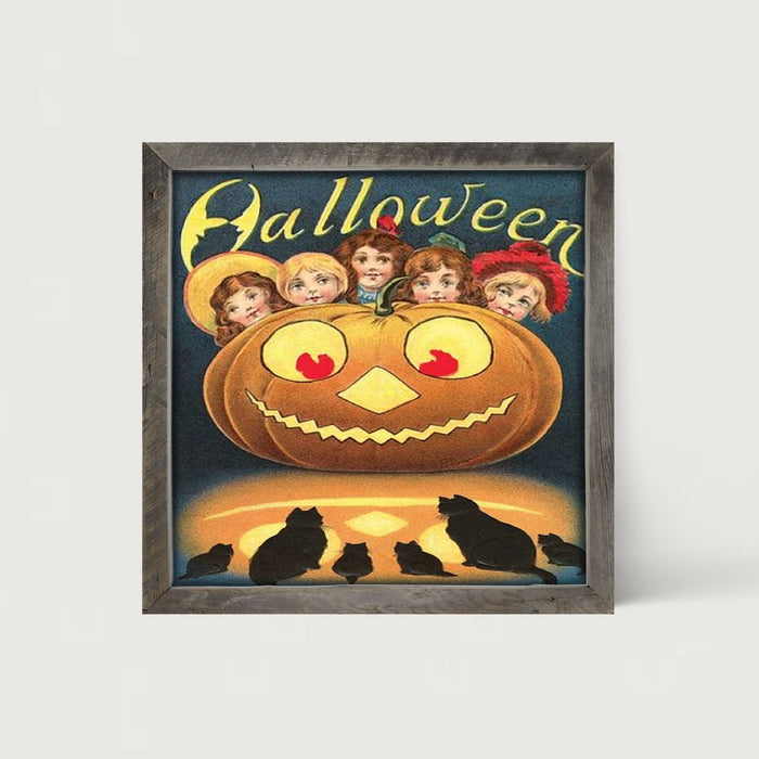 Halloween with Kids, Cats and Pumpkins - Framed art