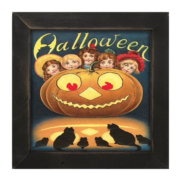 Halloween with Kids, Cats and Pumpkins - Framed art