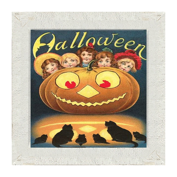 Halloween with Kids, Cats and Pumpkins - Framed art