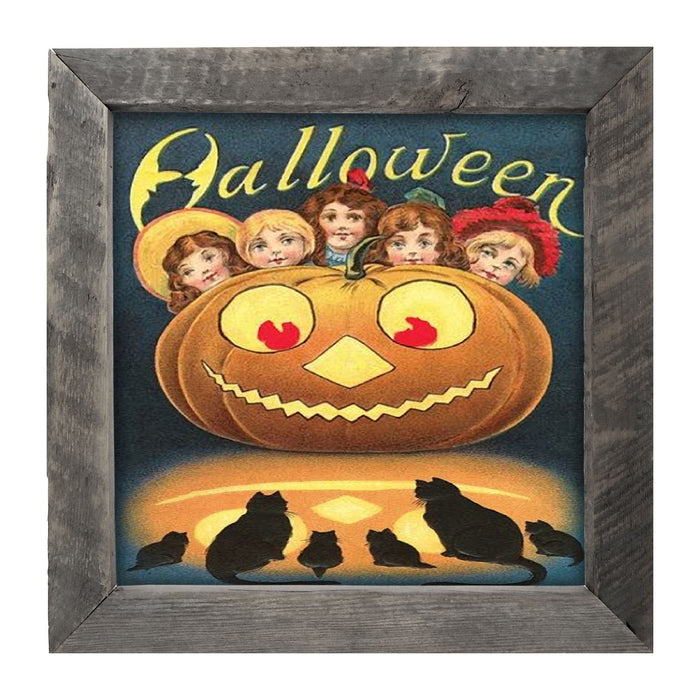 Halloween with Kids, Cats and Pumpkins - Framed art