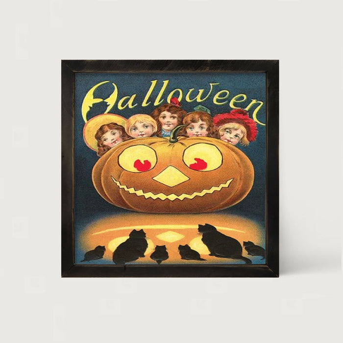 Halloween with Kids, Cats and Pumpkins - Framed art