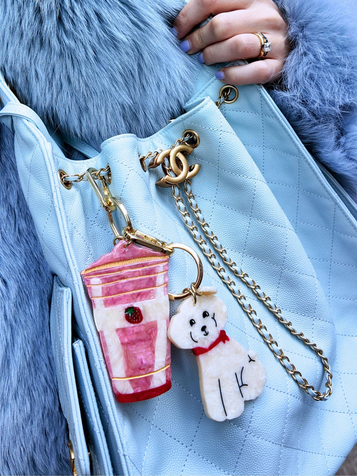 Hand-painted Doodle Puppy Bag Charm + Keychain: Brown