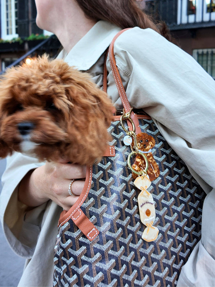 Hand-painted Doodle Puppy Bag Charm + Keychain: Brown