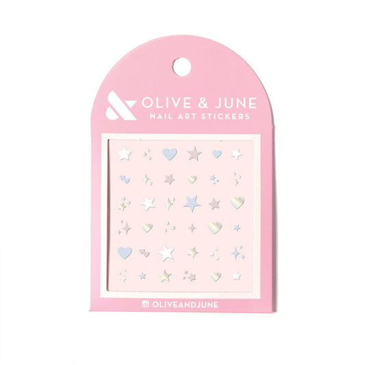 Hearts & Stars Stickers showing pastel heart and star nail art decals on pink backing for mani decoration