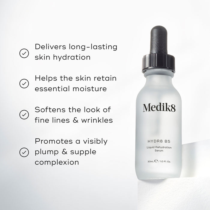 Medik8 Hydr8 B5 serum bottle stands on a white pedestal against a bright white background. Text highlights that the product "Delivers long-lasting skin hydration," "Helps the skin retain essential moisture," "Softens the look of fine lines & wrinkles," and "Promotes a visibly plump & supple complexion."