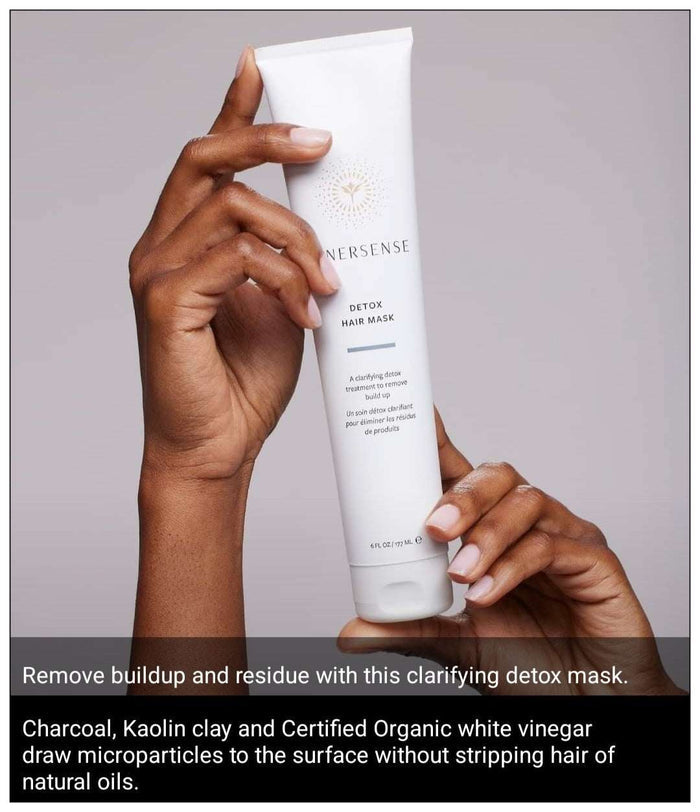 Hand holding Innersense Detox Hair Mask tube for clarifying hair treatment