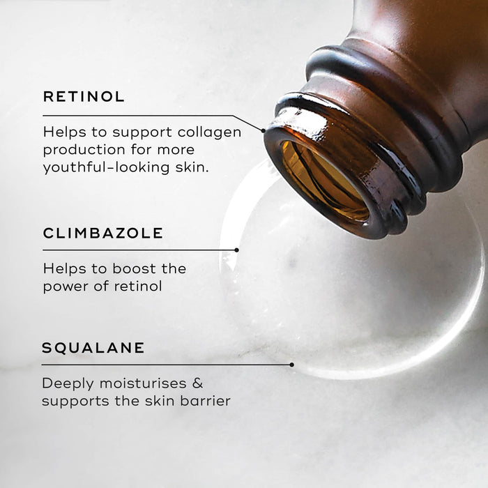 A close-up of clear liquid being poured from the Medik8 Intelligent Retinol 3TR amber glass bottle. Text highlights key ingredients: "RETINOL Helps to support collagen production for more youthful-looking skin," "CLIMBAZOLE Helps to boost the power of retinol," and "SQUALANE Deeply moisturises & supports the skin barrier."