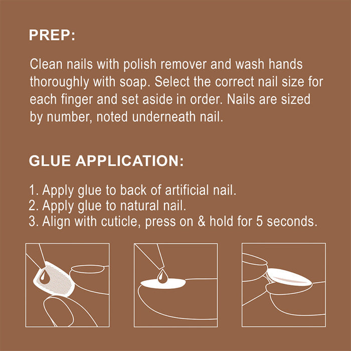 IVY BEAUTY by KISS instructional diagram for prep and glue application of gold finger solid color press on nails