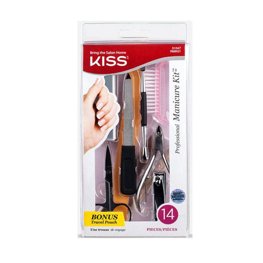 Kiss Professional Manicure Kit 14pc set with clippers cuticle nipper files buffer brush and bonus travel pouch